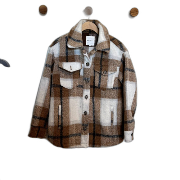 Avec Les Filles Womens Plaid Shacket Cognac Brown Jacket Size Medium Long Sleeve - Picture 1 of 15